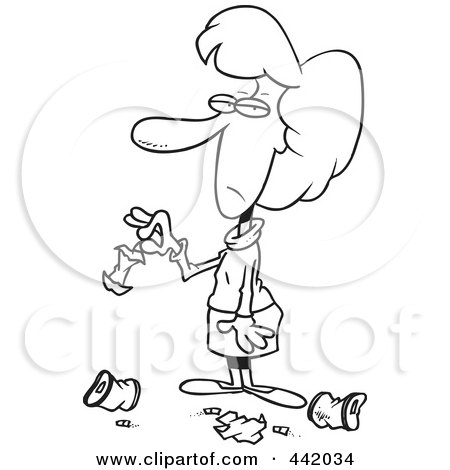 Royalty-Free (RF) Clip Art Illustration of a Cartoon Black And White Outline Design Of A Woman Standing In Litter by toonaday