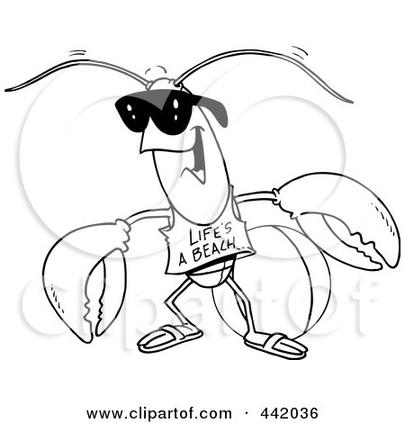 Royalty-Free (RF) Clip Art Illustration of a Cartoon Black And White  Outline Design Of A Lobster At The Beach by toonaday #442036