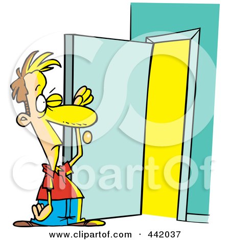 Royalty-Free (RF) Clip Art Illustration of a Cartoon Man Standing At An Open Door With Bright Light by toonaday