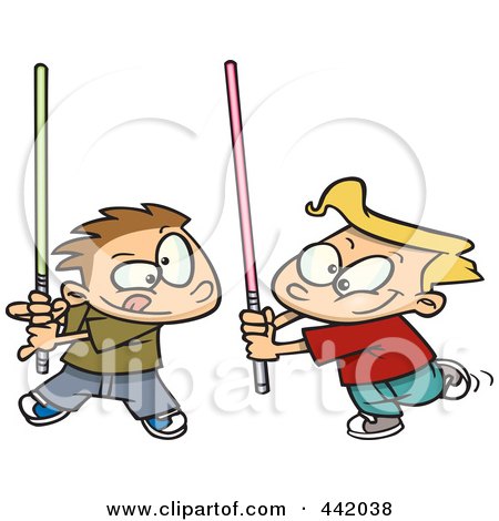 Royalty-Free (RF) Clip Art Illustration of Cartoon Boys Playing With Light Sabres by toonaday
