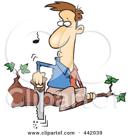 Royalty-Free (RF) Clip Art Illustration of a Cartoon Man On A Tree Limb, Sawing It Off by toonaday