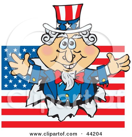 Clipart Illustration of an American Uncle Sam Bursting Through A Flag by Dennis Holmes Designs