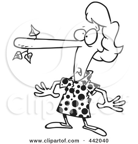 Royalty-Free (RF) Clip Art Illustration of a Cartoon Black And White Outline Design Of A Lying Woman With A Long Nose by toonaday