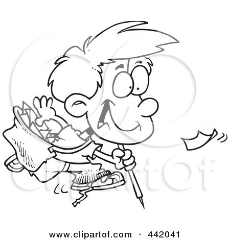 Royalty-Free (RF) Clip Art Illustration of a Cartoon Black And White Outline Design Of A Boy Picking Up Litter by toonaday