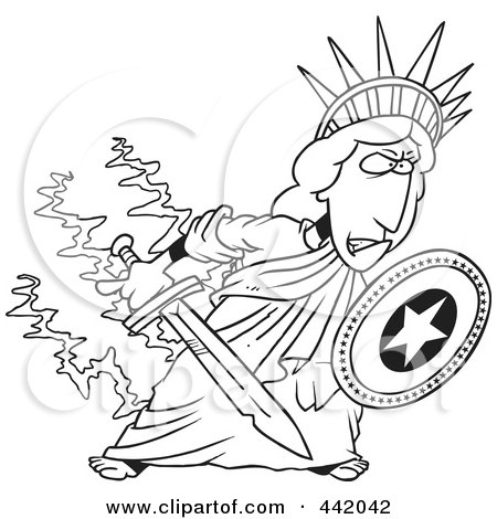 Royalty-Free (RF) Clip Art Illustration of a Cartoon Black And White Outline Design Of A Defensive Statue Of Liberty Holding A Shield And Sword by toonaday