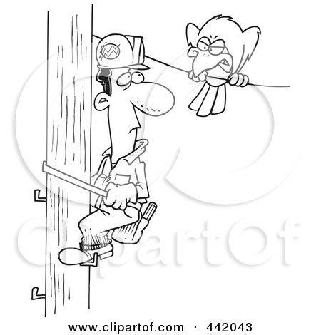 Royalty-Free (RF) Clip Art Illustration of a Cartoon Black And White Outline Design Of A Mean Bird Glaring At A Lineman by toonaday