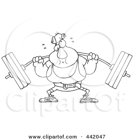 Royalty-Free (RF) Clip Art Illustration of a Cartoon Black And White Outline Design Of A Man Lifting A Barbell by toonaday