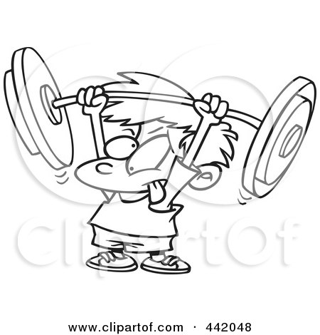 Royalty-Free (RF) Clip Art Illustration of a Cartoon Black And White Outline Design Of A Little Boy Lifting A Barbell by toonaday