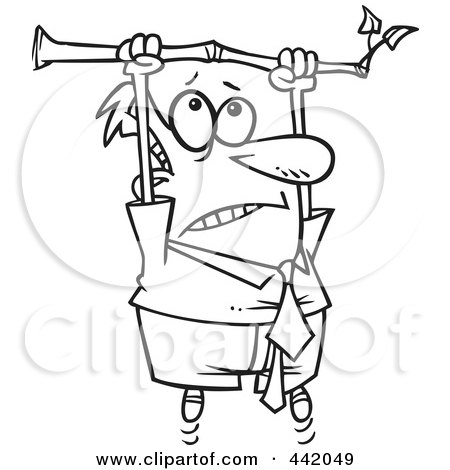 Royalty-Free (RF) Clip Art Illustration of a Cartoon Black And White Outline Design Of A Businessman Hanging From A Limb by toonaday