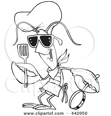 Royalty-Free (RF) Clip Art Illustration of a Cartoon Black And White Outline Design Of A Lobster Chef by toonaday