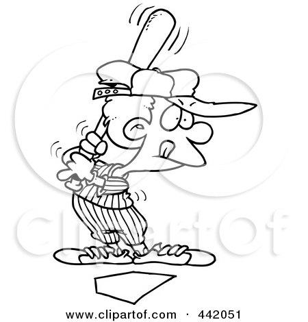 Royalty-Free (RF) Clip Art Illustration of a Cartoon Black And White Outline Design Of A Baseball Boy Up For Bat by toonaday