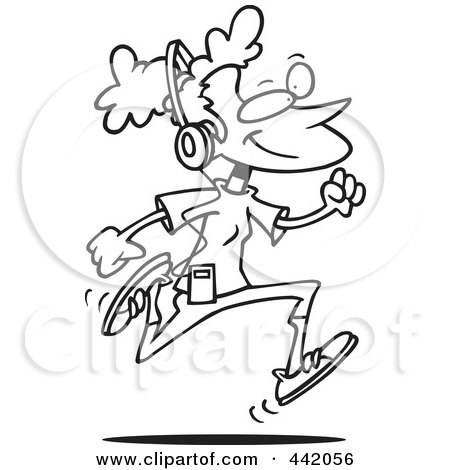 Royalty-Free (RF) Clip Art Illustration of a Cartoon Black And White Outline Design Of A Woman Listening To Music And Running by toonaday