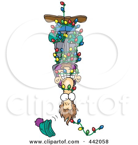 Royalty-Free (RF) Clip Art Illustration of a Cartoon Man Hanging Upside Down And Tangled In Christmas Lights by toonaday