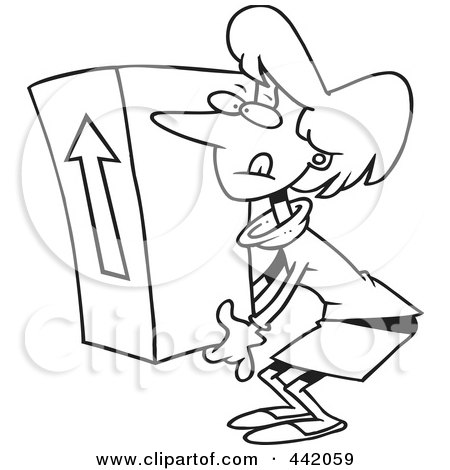 Royalty-Free (RF) Clip Art Illustration of a Cartoon Black And White Outline Design Of A Businesswoman Lifting A Heavy Box by toonaday