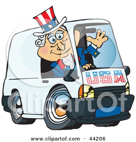 Clipart Illustration of an American Uncle Sam Waving And Driving A Delivery Van by Dennis Holmes Designs