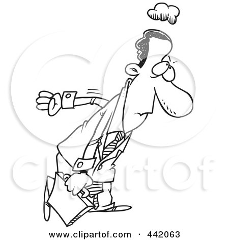 Royalty-Free (RF) Clip Art Illustration of a Cartoon Black And White Outline Design Of A Gloomy Black Businessman Returning To Work by toonaday