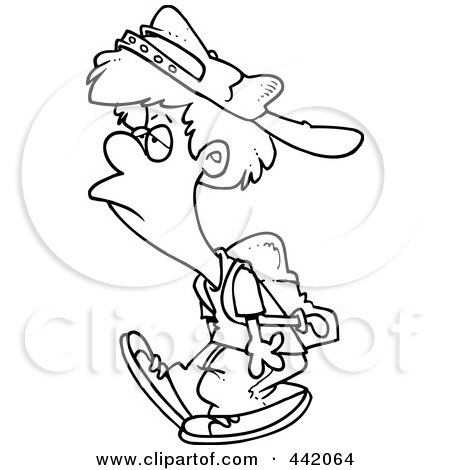 Royalty-Free (RF) Clip Art Illustration of a Cartoon Black And White Outline Design Of A Reluctant School Boy Walking by toonaday