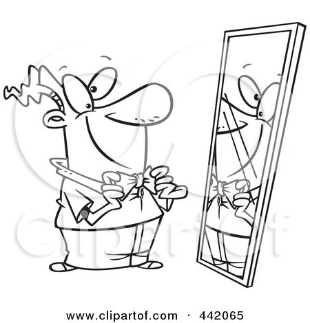 Royalty-Free (RF) Clip Art Illustration of a Cartoon Black And White Outline Design Of A Man Adjusting His New Tie by toonaday