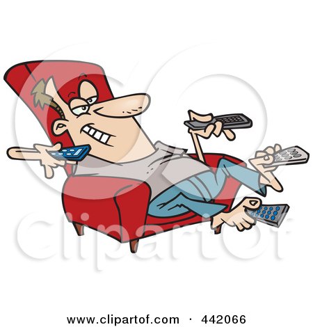 Royalty-Free (RF) Clip Art Illustration of a Cartoon Man Sitting In A Recliner And Holding Many Remote Controls by toonaday
