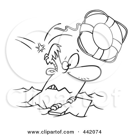 Royalty-Free (RF) Clip Art Illustration of a Cartoon Black And White Outline Design Of An Overboard Man Floating On Wood by toonaday