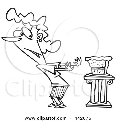 Royalty-Free (RF) Clip Art Illustration of a Cartoon Black And White Outline Design Of A Woman Resisting Cake by toonaday