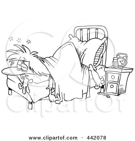 Royalty-Free (RF) Clip Art Illustration of a Cartoon Black And White Outline Design Of A Restless Woman Laying At The Foot Of Her Bed by toonaday