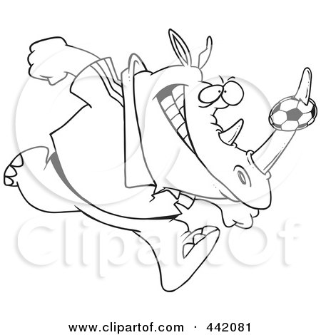 Royalty-Free (RF) Clip Art Illustration of a Cartoon Black And White Outline Design Of A Rhino With A Soccer Ball On His Horn by toonaday