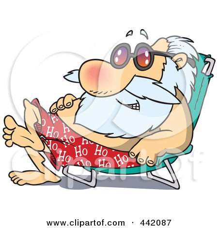 Royalty-Free (RF) Clip Art Illustration of a Cartoon Santa Sun Bathing In A Chair by toonaday