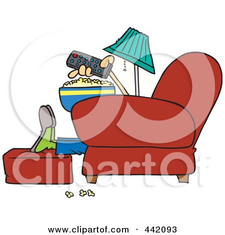 Royalty-Free (RF) Clip Art Illustration of a Cartoon Man With Popcorn, Pointing A Remote At A Tv by toonaday