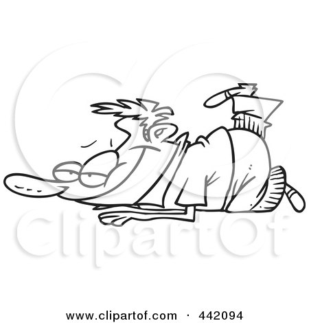Royalty-Free (RF) Clip Art Illustration of a Cartoon Black And White Outline Design Of A Man Relaxing On The Ground by toonaday