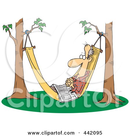 Royalty-Free (RF) Clip Art Illustration of a Cartoon Retired Man Napping In A Hammock With A Newspaper by toonaday