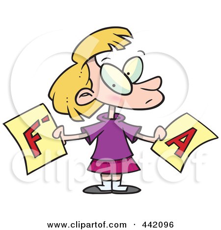 Royalty-Free (RF) Clip Art Illustration of a Cartoon School Girl Holding Good And Bad Report Cards by toonaday