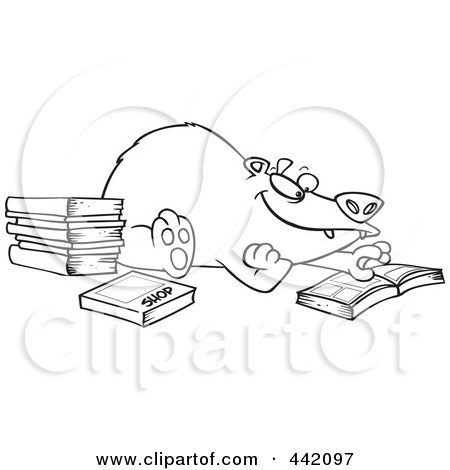 Royalty-Free (RF) Clip Art Illustration of a Cartoon Black And White Outline Design Of A Bear Reading Books by toonaday