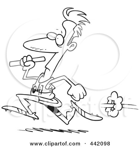 Royalty-Free (RF) Clip Art Illustration of a Cartoon Black And White Outline Design Of A Man Running A Relay With A Baton by toonaday