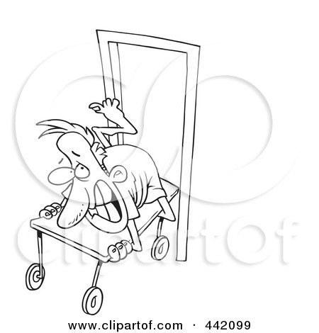 Royalty-Free (RF) Clip Art Illustration of a Cartoon Black And White Outline Design Of A Reluctant Man Going Into Surgery by toonaday