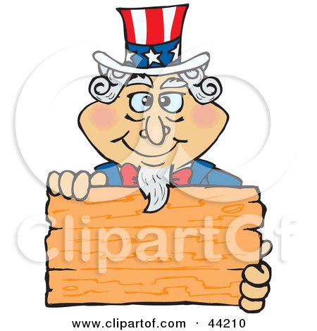 Clipart Illustration of an American Uncle Sam Holding A Blank Wooden Sign by Dennis Holmes Designs