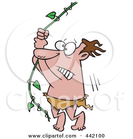 Royalty-Free (RF) Clip Art Illustration of a Cartoon Reluctant Man Swinging On A Vine by toonaday