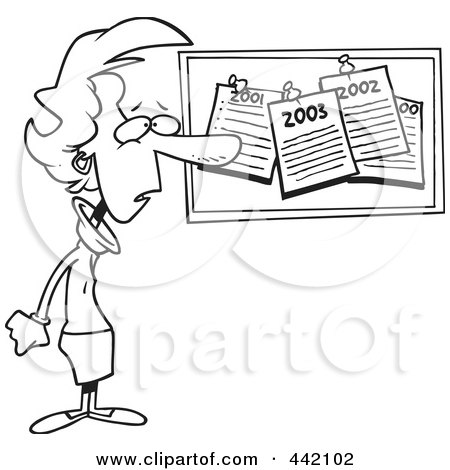 Royalty-Free (RF) Clip Art Illustration of a Cartoon Black And White Outline Design Of A Woman Staring At Her Past New Year Resolutions On A Bulletin by toonaday