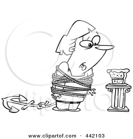 Royalty-Free (RF) Clip Art Illustration of a Cartoon Black And White Outline Design Of A Fat Woman Tied Up Next To Cake by toonaday