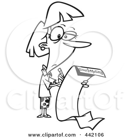 Royalty-Free (RF) Clip Art Illustration of a Cartoon Black And White Outline Design Of A Woman Writing A Long List Of Resolutions by toonaday