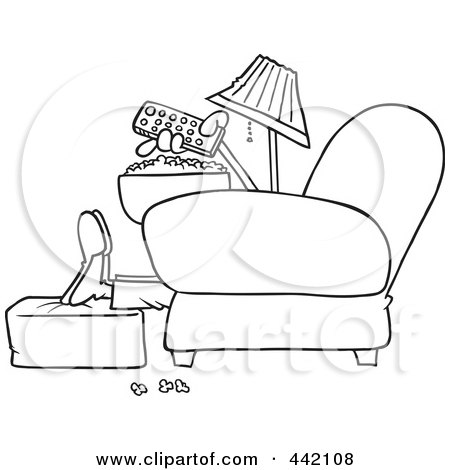Royalty-Free (RF) Clip Art Illustration of a Cartoon Black And White Outline Design Of A Man With Popcorn, Pointing A Remote At A Tv by toonaday