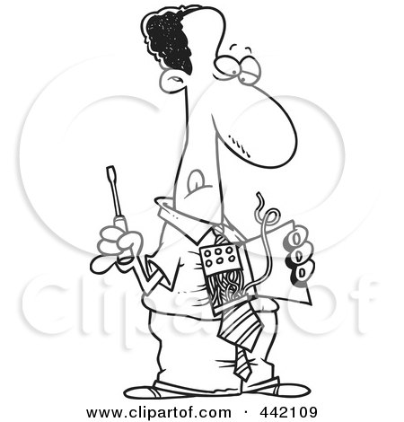 Royalty-Free (RF) Clip Art Illustration of a Cartoon Black And White Outline Design Of A Black Businessman Repairing His Wires by toonaday