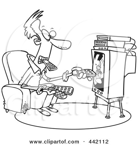 Royalty-Free (RF) Clip Art Illustration of a Cartoon Black And White Outline Design Of A Man Holding Many Remotes And Watching Tv by toonaday
