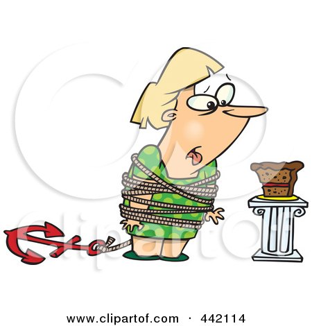 Royalty-Free (RF) Clip Art Illustration of a Cartoon Fat Woman Tied Up Next To Cake by toonaday