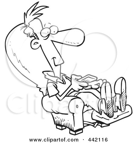 Royalty-Free (RF) Clip Art Illustration of a Cartoon Black And White Outline Design Of A Man Sitting In A Recliner And Watching Tv by toonaday