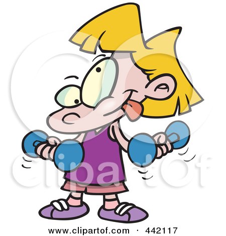 Royalty-Free (RF) Clip Art Illustration of a Cartoon Little Girl Lifting Dumbbells by toonaday
