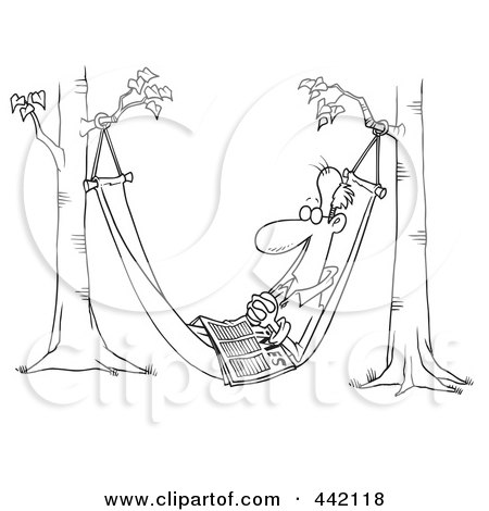 Royalty-Free (RF) Clip Art Illustration of a Cartoon Black And White Outline Design Of A Retired Man Napping In A Hammock With A Newspaper by toonaday