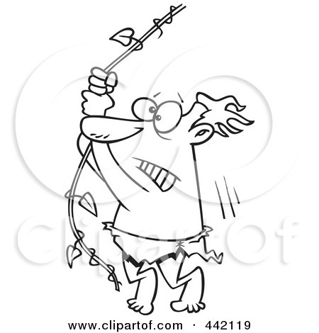 Royalty-Free (RF) Clip Art Illustration of a Cartoon Black And White Outline Design Of A Reluctant Man Swinging On A Vine by toonaday