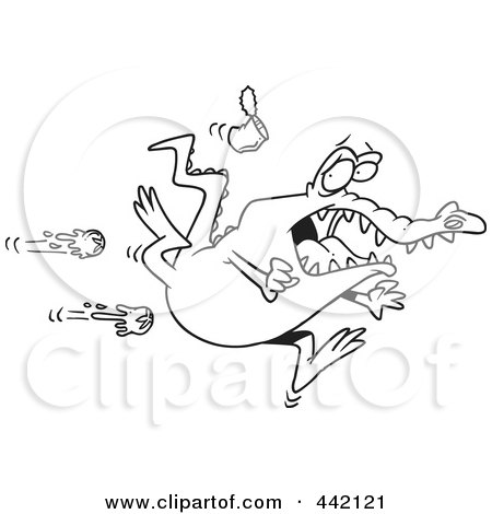 Royalty-Free (RF) Clip Art Illustration of a Cartoon Black And White Outline Design Of Tomatoes Flying At A Rejected Alligator by toonaday