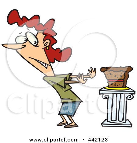 Royalty-Free (RF) Clip Art Illustration of a Cartoon Woman Resisting Cake by toonaday